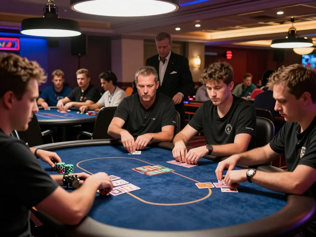 Players engage in a high-stakes poker game at a luxurious casino, representing blueskybuds and thrilling strategy.
