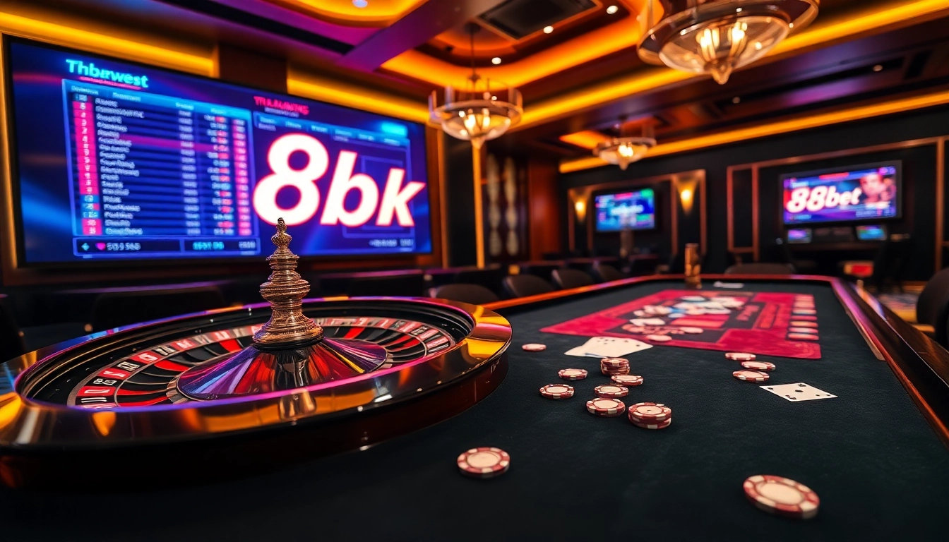 Experience the thrill of online gambling with 8kbet's vibrant casino scene featuring poker chips and a roulette wheel.