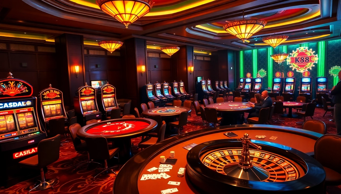 Experience thrilling action at K88 casino with poker tables, slot machines, and roulette.