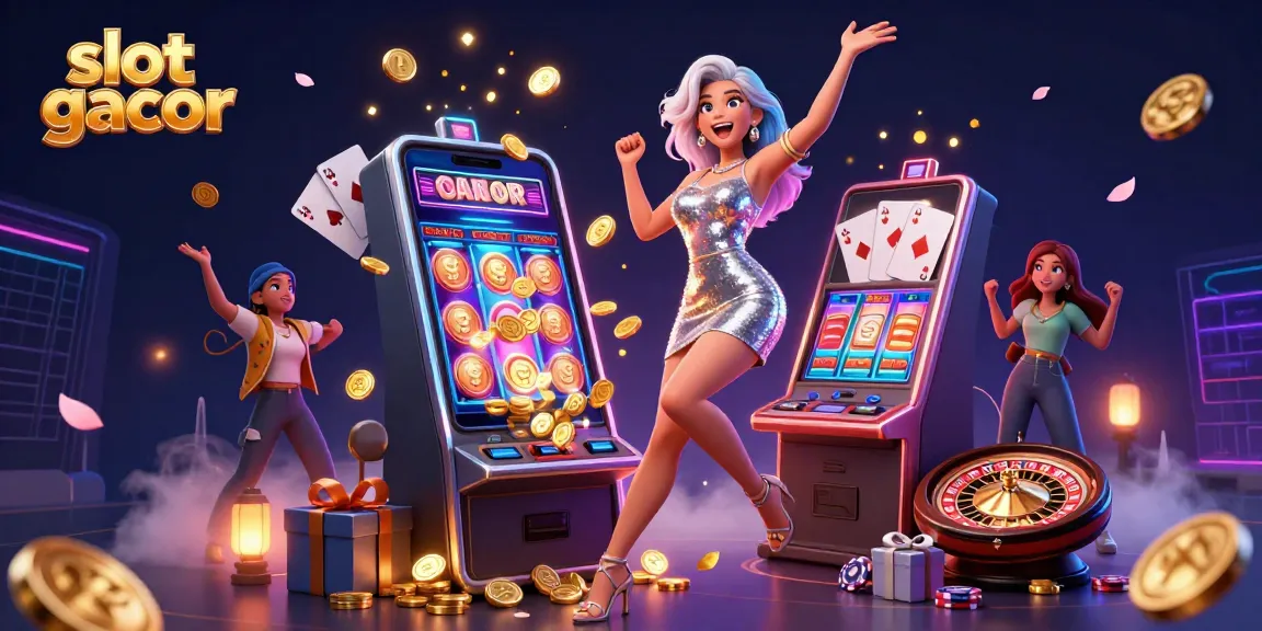Experience slot gacor excitement with a glamorous woman celebrating a jackpot in a dynamic casino scene.