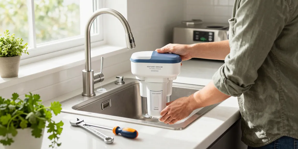 AQUA CREST GXRLQR NSF/ANSI 401 Certified water filter installation in a modern kitchen.