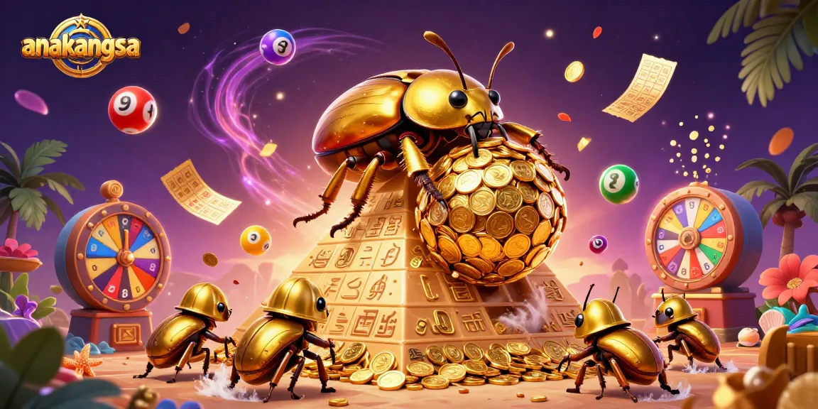 Win thrilling prizes with anakangsa, seeing a golden dung beetle roll coins and colorful lottery balls.
