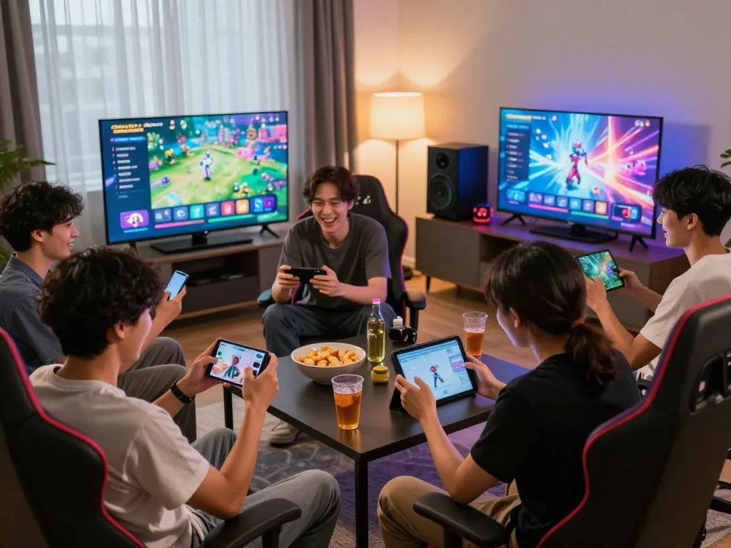 Friends enjoying an online gaming session on cổng game sunwin with gaming setup and vibrant atmosphere.
