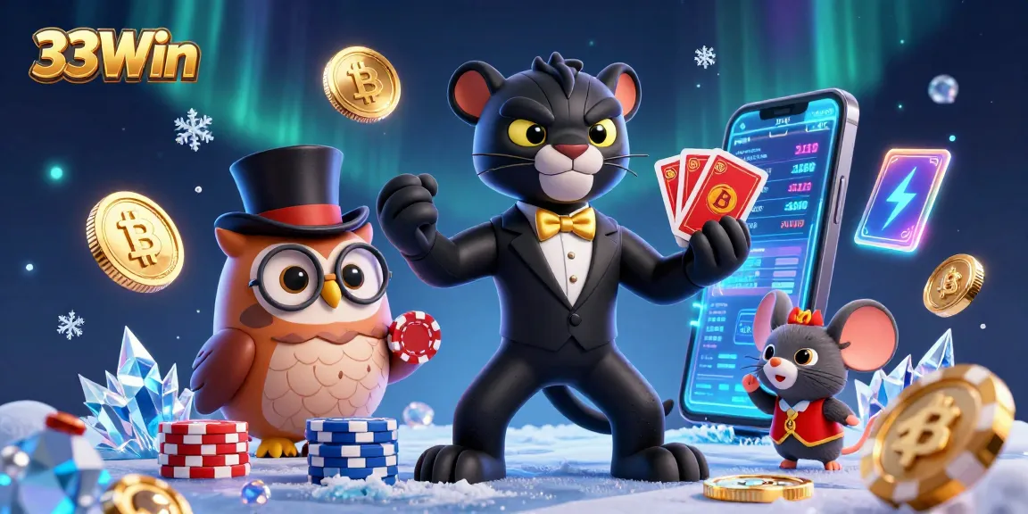 Engage in vibrant gaming with 33Win, featuring a dynamic 3D illustration of a panther, owl, and lucky mouse.