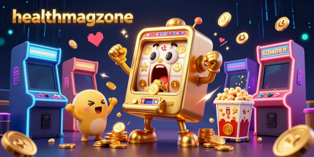 Slot mesin emas dari healthmagzone menang besar dengan koin berjatuhan, dikelilingi mesin slot mini dan mesin popcorn.