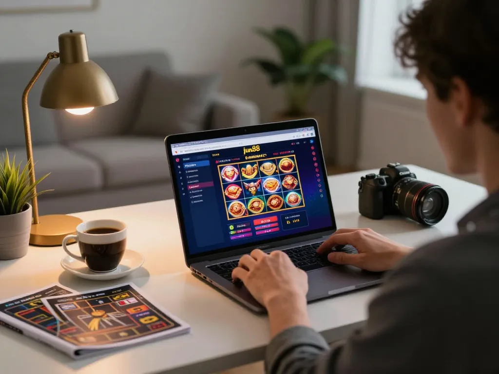 Engaged user exploring nhà cái jun88's online casino experience on a laptop, showcasing vibrant gameplay.