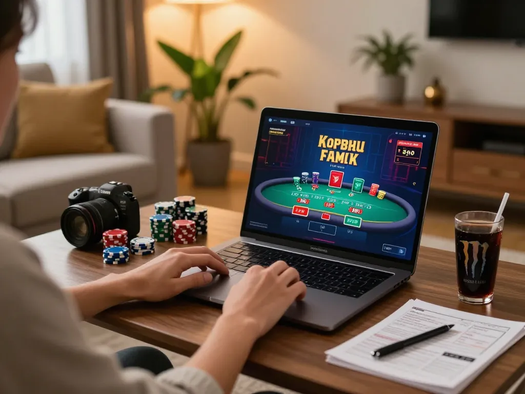 Engaged player enjoying an online blackjack game at MB66 in a cozy living room setup.