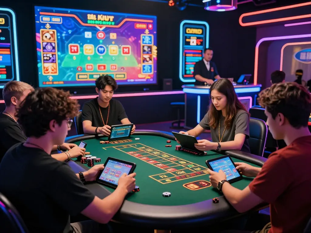 Engaged players enjoying a lively game of tài xỉu md5 in a vibrant digital casino setting.