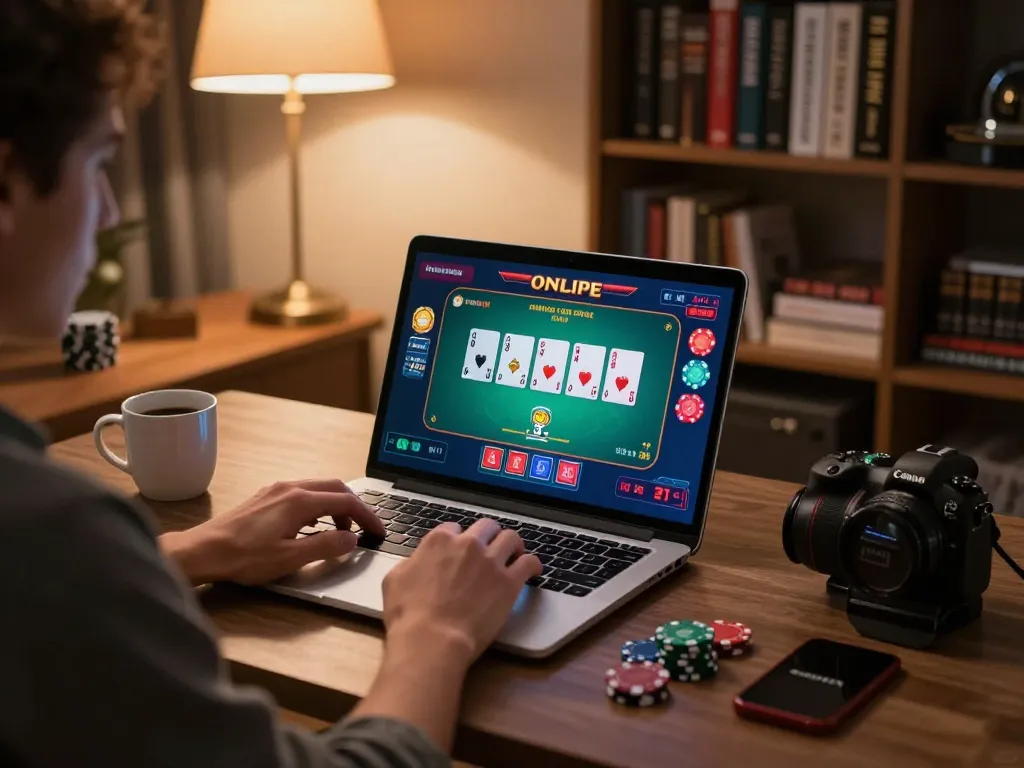 Tg88 online gaming setup with vibrant poker game interface on a cozy desk.