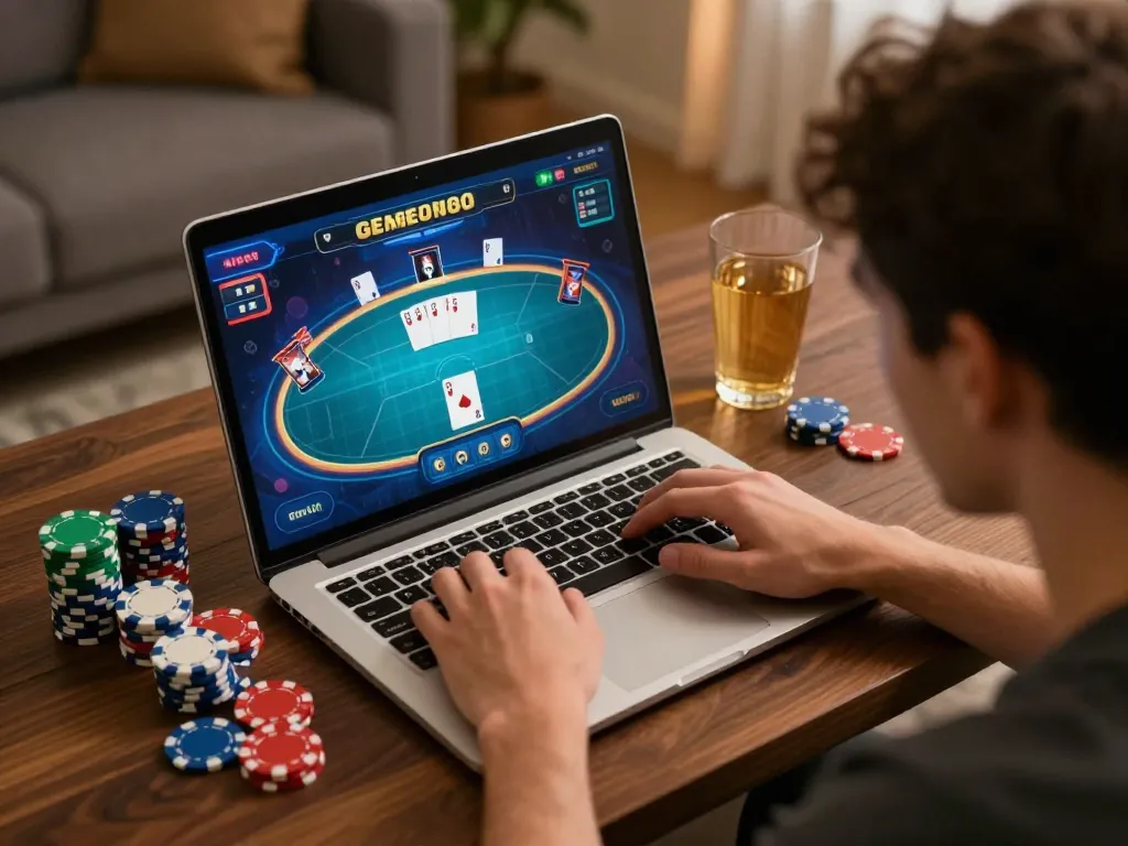 GEM88 player placing bets in an exciting online poker game at home.