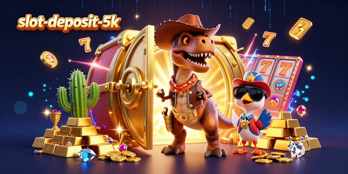 Spin and win at slot-deposit-5k with treasures burst from a vault, featuring vibrant slot gaming scenes.