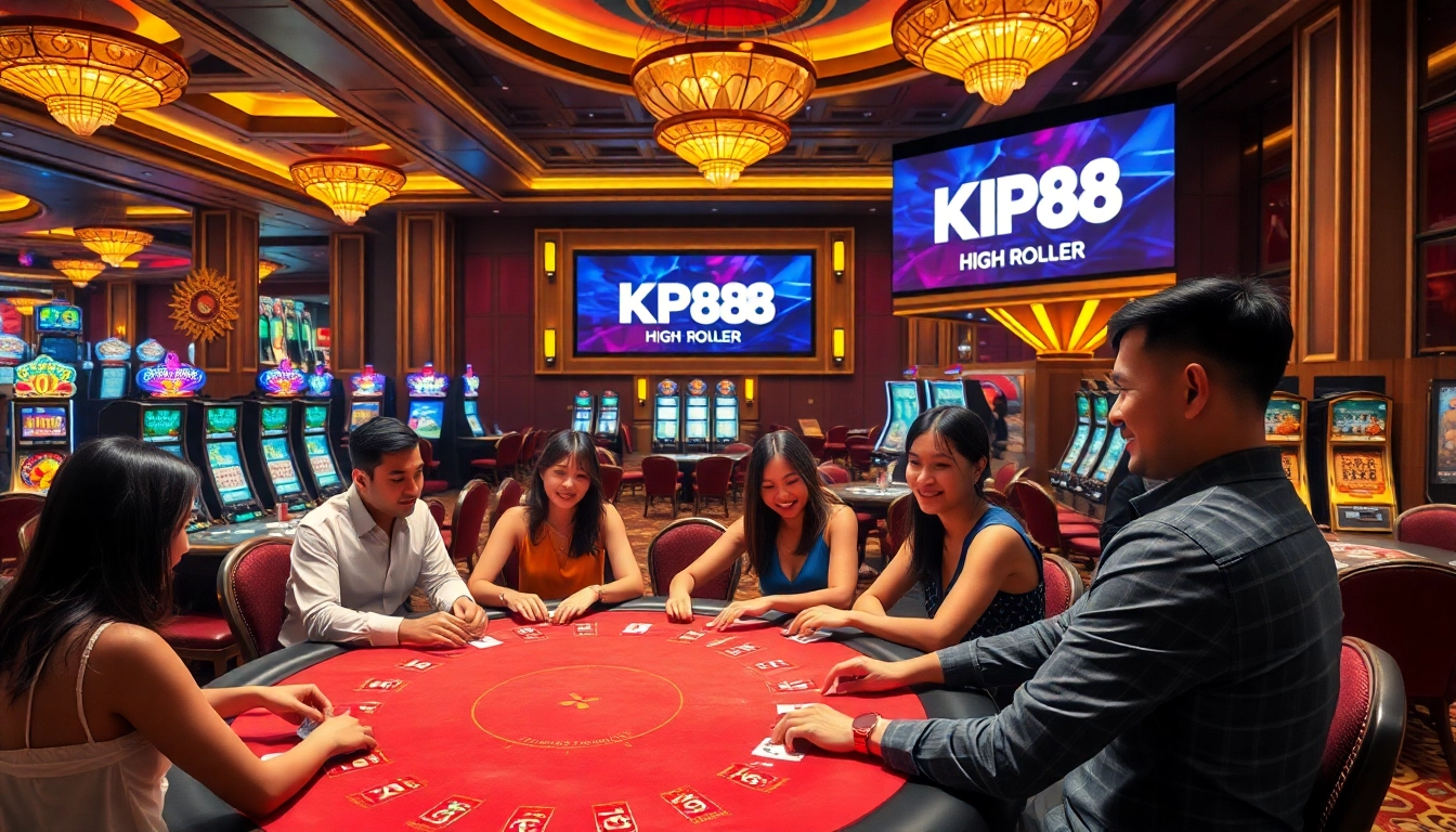 Excited players engaging in poker at the luxurious KP88 casino floor with vibrant slot machines and roulette wheels.