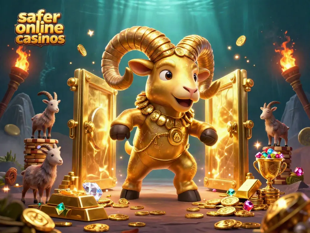 Experience the thrill of safer online casinos with a dynamic 3D scene of golden treasures.