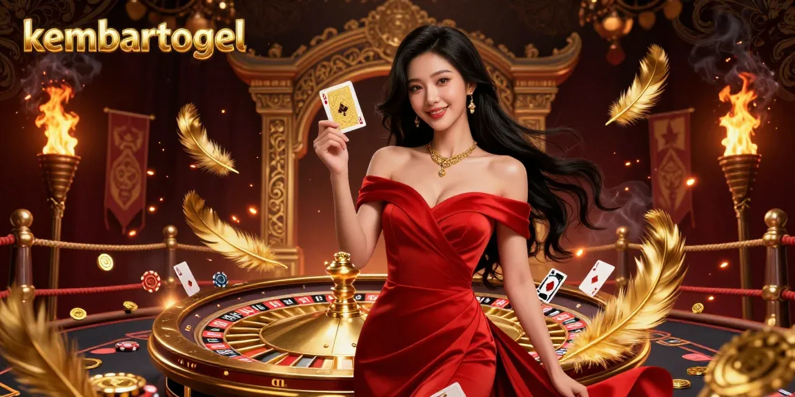 Kembartogel showcases an elegant woman holding a winning playing card beside a dynamic roulette wheel, symbolizing casino excitement.