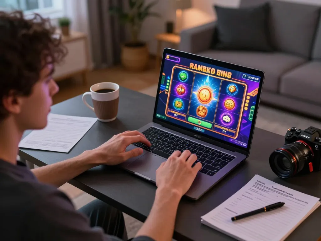 Player enjoying an exciting kuwin slot game on a laptop in a cozy home environment