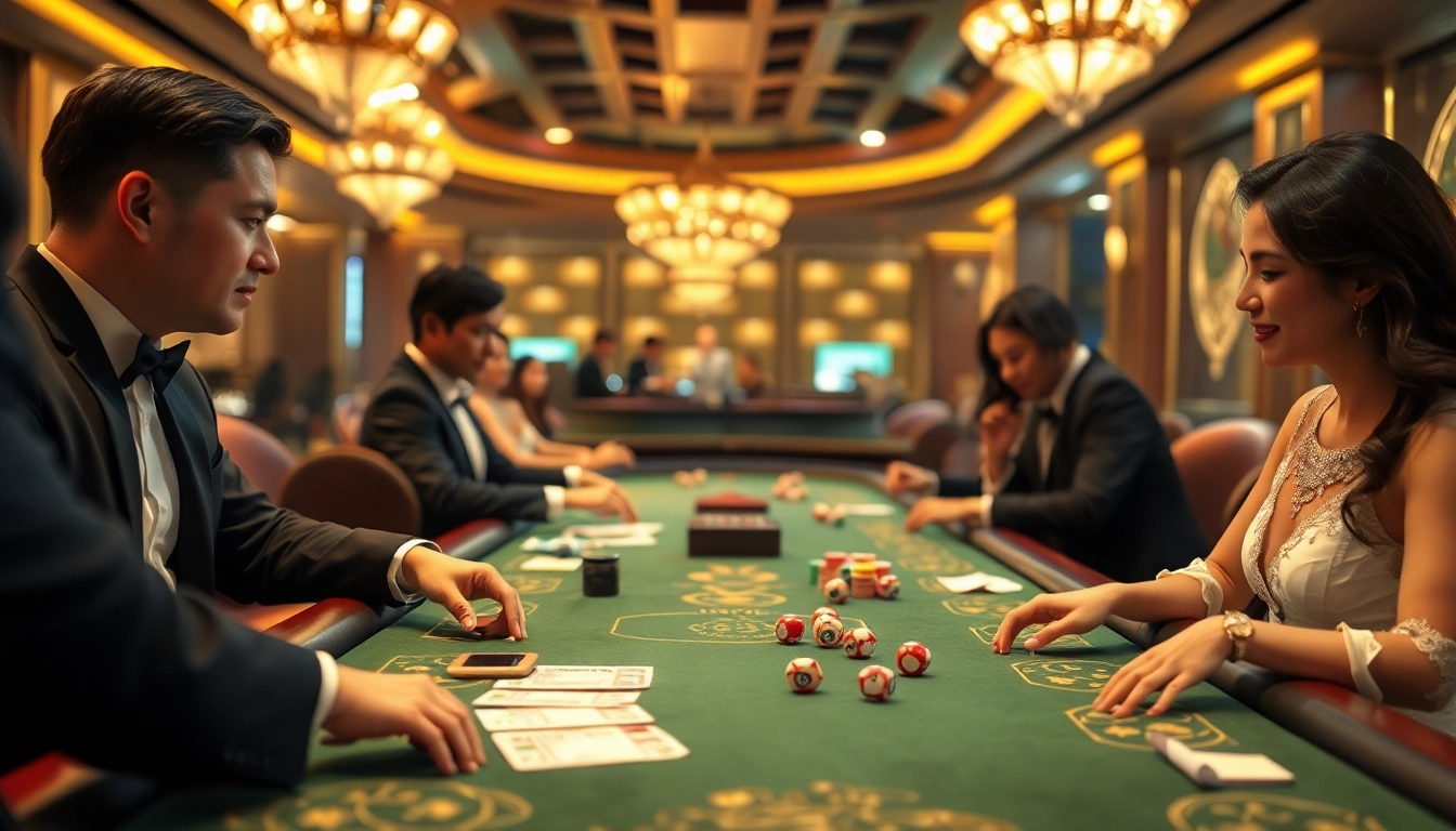 Players enjoying Tài Xỉu MD5 at a luxury casino table, highlighted with colorful chips and dice.