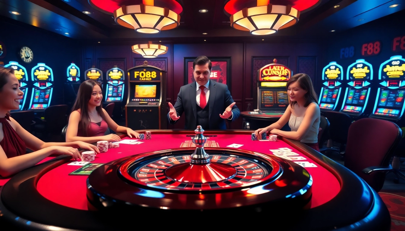 Exciting FO88 casino game scene with players at the poker table and vibrant atmosphere.