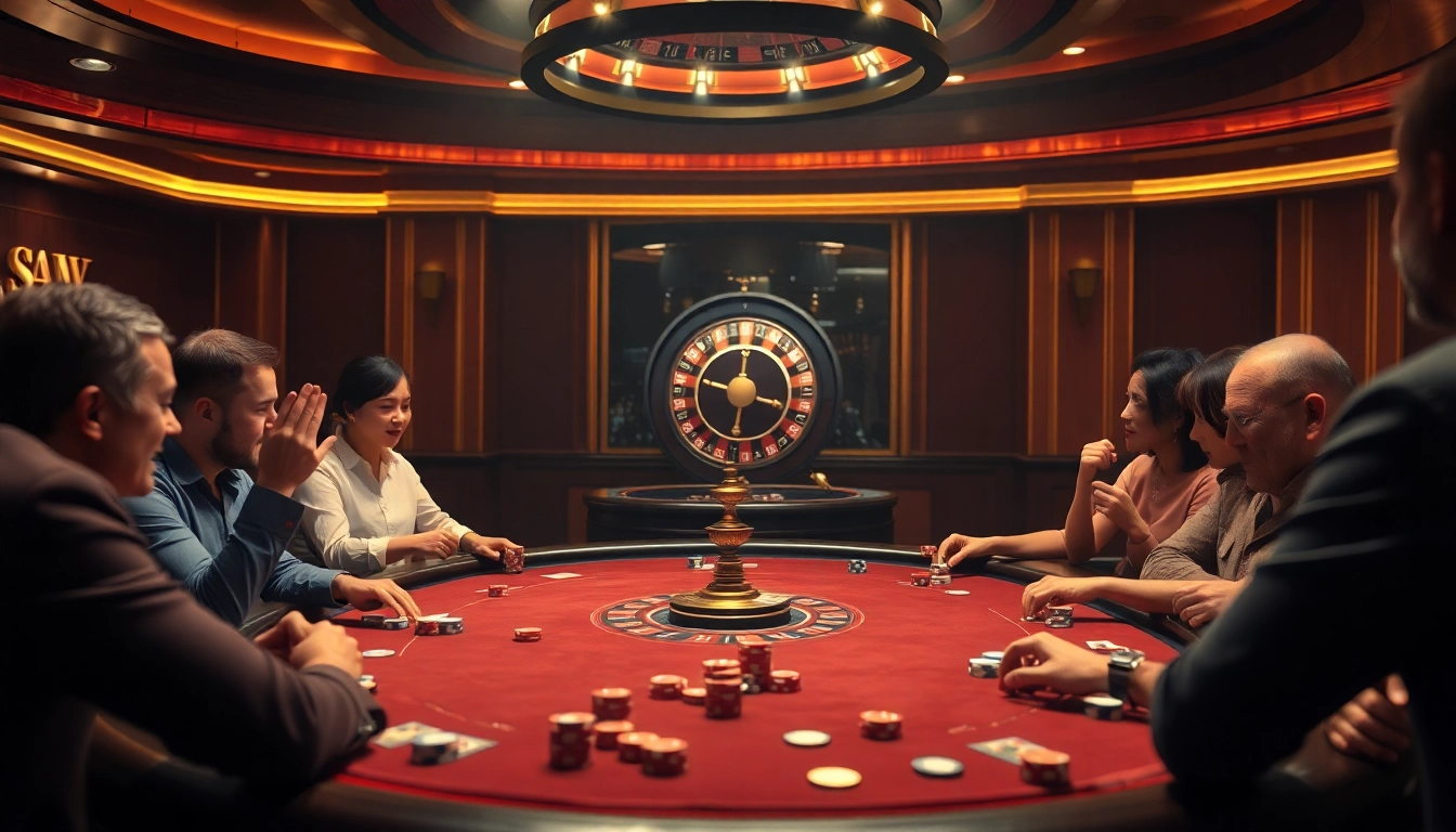 S8 bet players strategizing at a poker table in a luxurious casino setting.