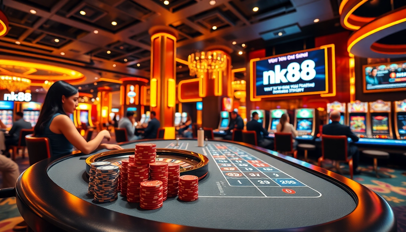 Experience high-stakes gaming at nk88 casino with vibrant decor and excited players.