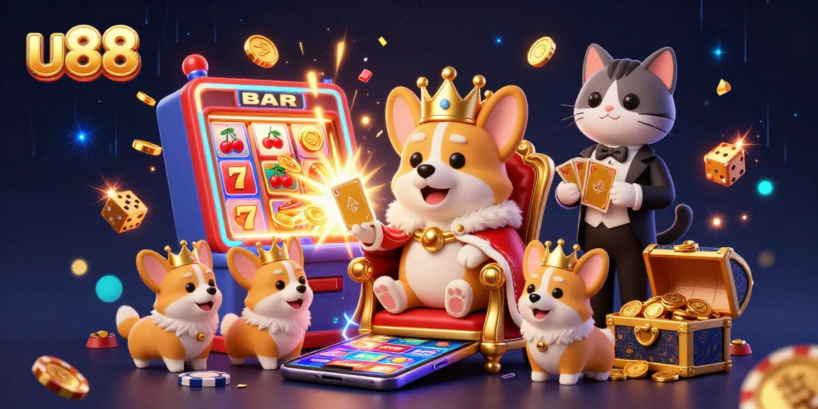 Win big with u88 as cartoon characters celebrate a casino jackpot in a vibrant 3D scene.
