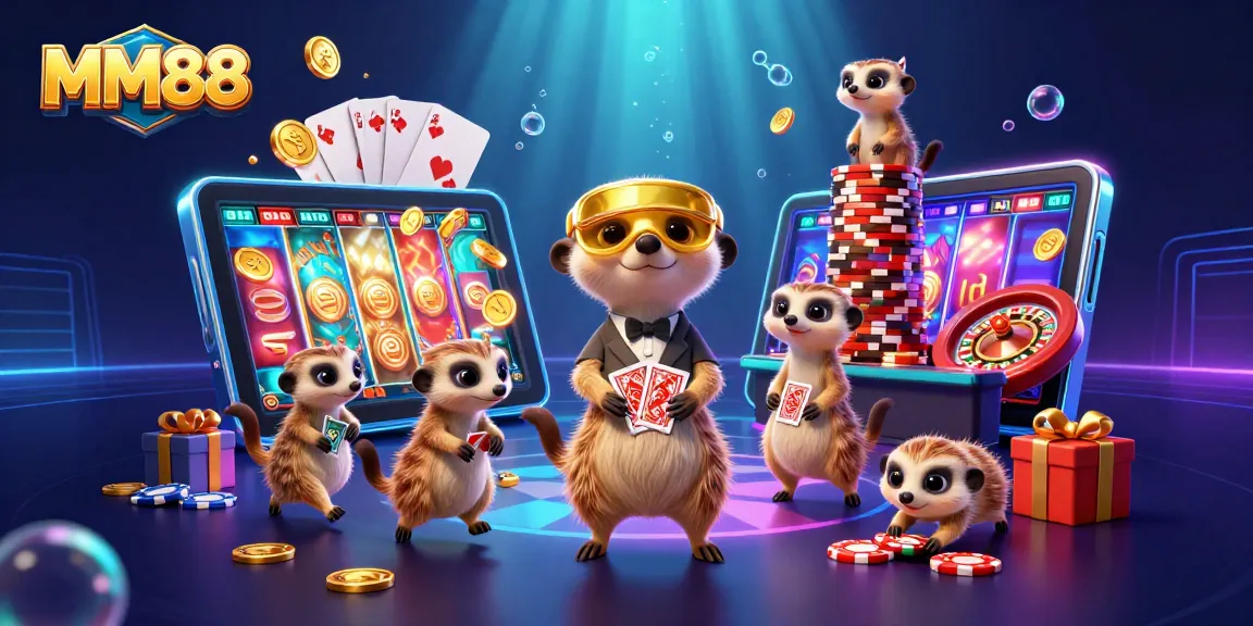 Experience MM88 with a dynamic meerkat casino scene featuring exciting games and vibrant action.