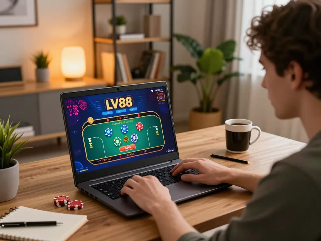 Player engaging with LV88 online casino on laptop in cozy home setting, focused on live dealer gameplay
