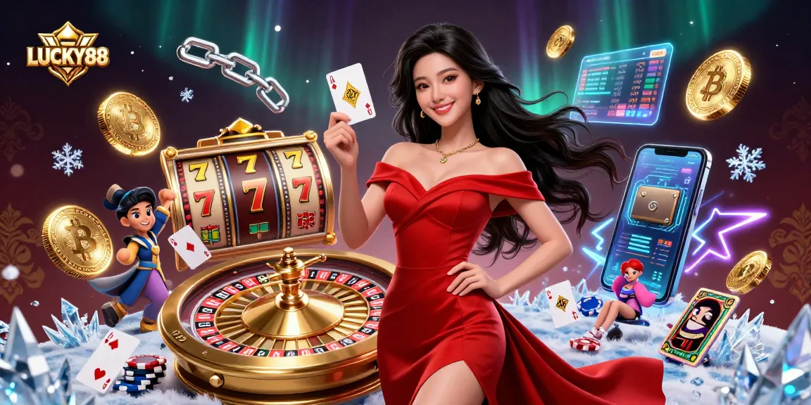 Play winning games at LUCKY88, featuring a stunning Asian dealer with a roulette wheel, jackpot and cryptocurrency elements.