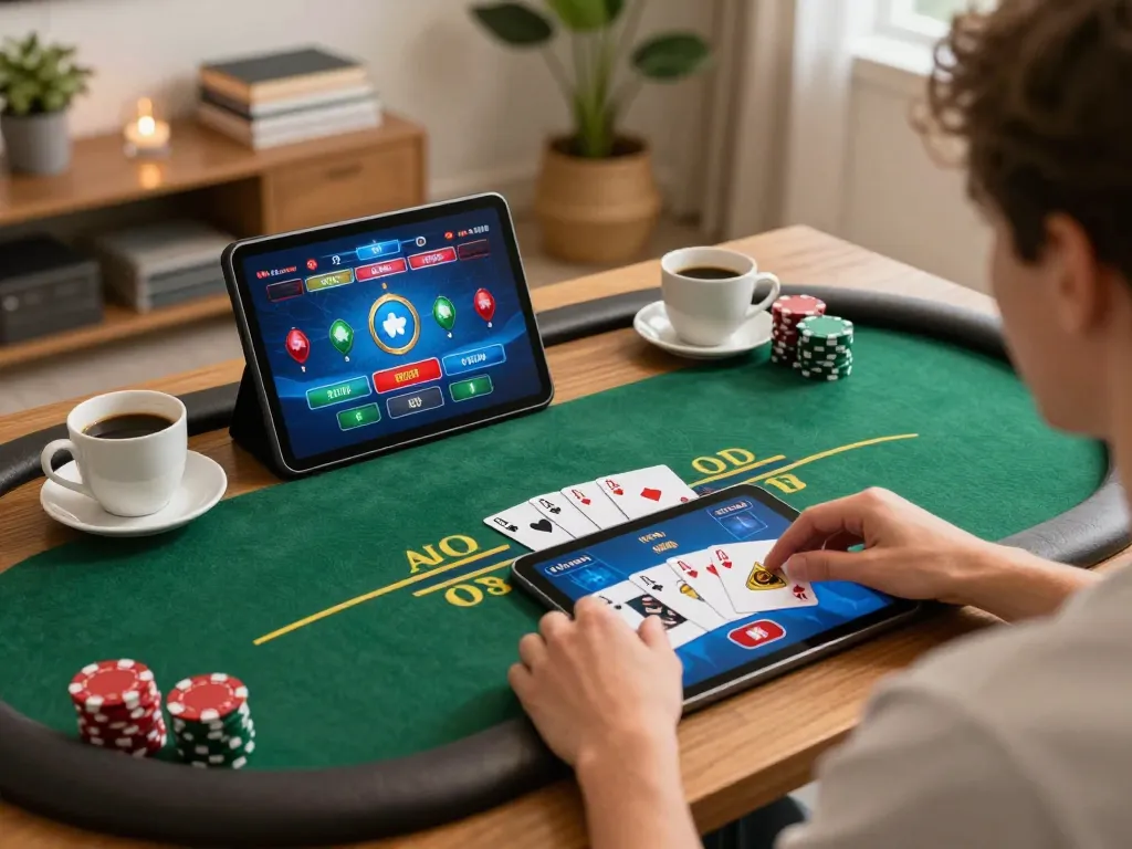 Enjoying poker game strategies on a tablet, showcasing 789P gameplay options in a cozy setting.
