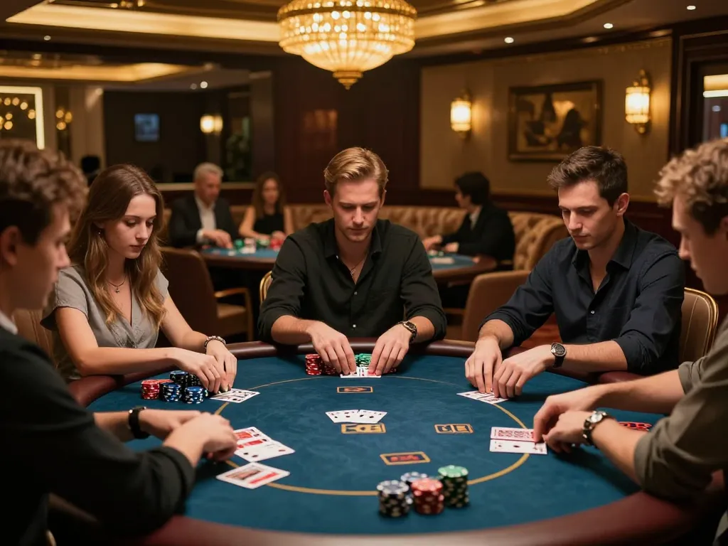 Bong99 casino players strategizing a high-stakes poker game in an upscale lounge setting.