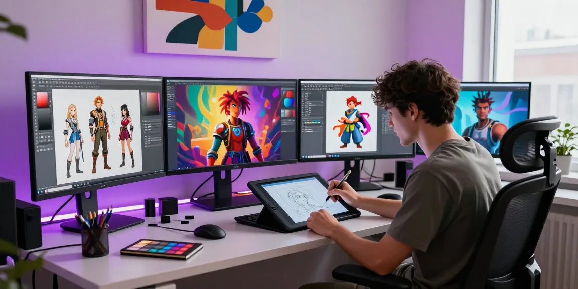 Creative professional designing NSFW AI images in a vibrant digital art studio.