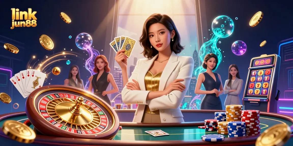 Enticing scene showcasing link jun88, a powerful businesswoman with cards, roulette and poker elements.