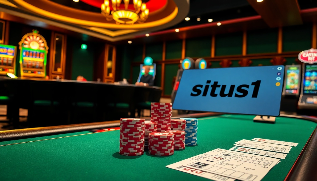 Situs11 players enjoying high-stakes poker at a luxurious casino with vibrant slot machines in view.