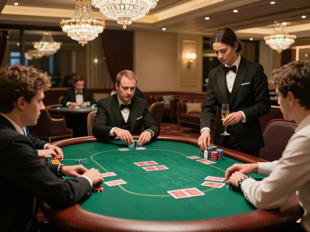 Players enjoying a high-stakes game at m88zo.com VIP poker table in an elegant casino setting