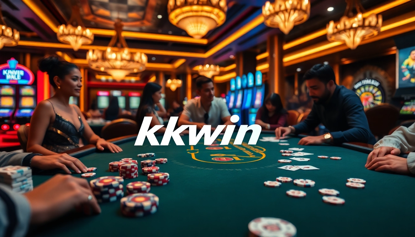 Kkwin poker table with vibrant decorations, players, and casino chips, showcasing an exciting gambling atmosphere.