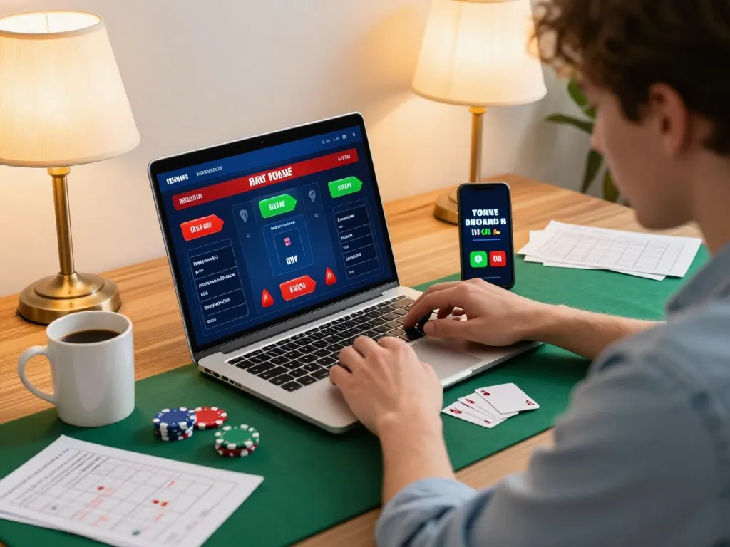 Play poker online at home with V888, featuring a laptop and smartphone for betting.