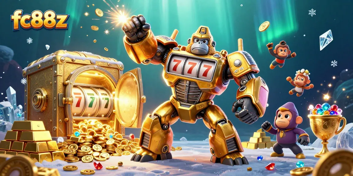 Experience the excitement of fc88z with a dynamic 3D casino illustration showcasing a golden gorilla mech and treasures.