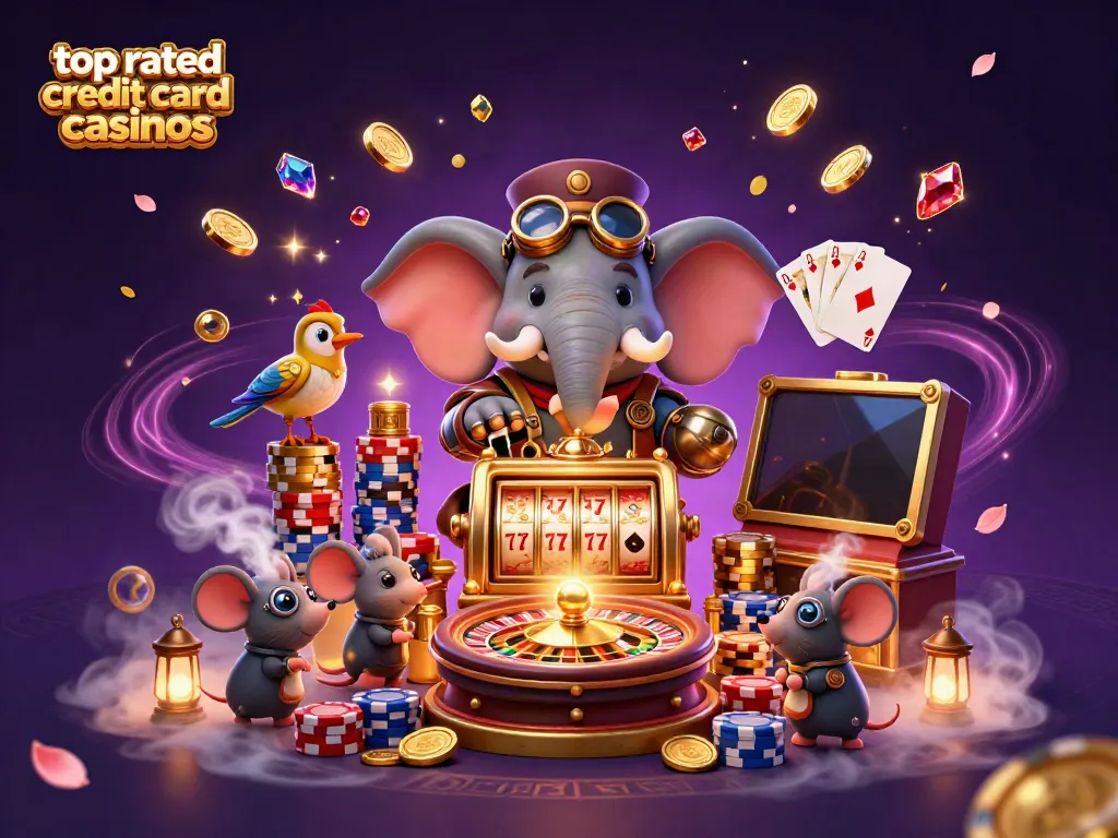 Engaging scene of top rated credit card casinos featuring steampunk elephant and casino elements.