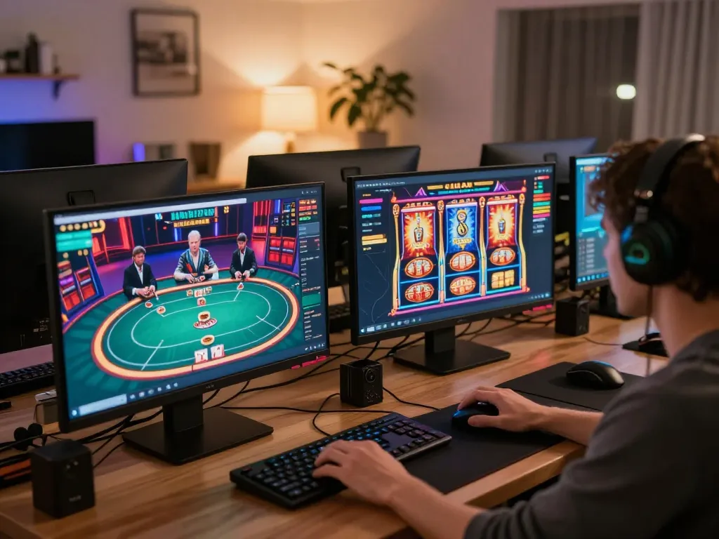 Pemain Kiu77 terlibat dalam permainan poker online dinamis sambil memantau aktivitas slot di beberapa layar