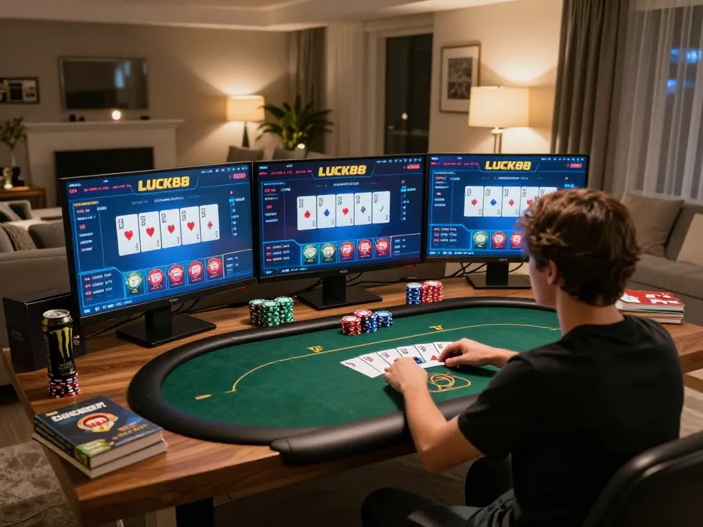 Player engaging in intense Luck88 online poker game on multiple screens in cozy living setup