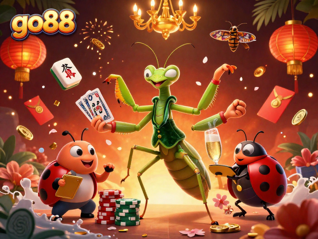 Experience the thrill of go88 with a card sharp mantis and ladybug pit boss in an enchanting casino scene.