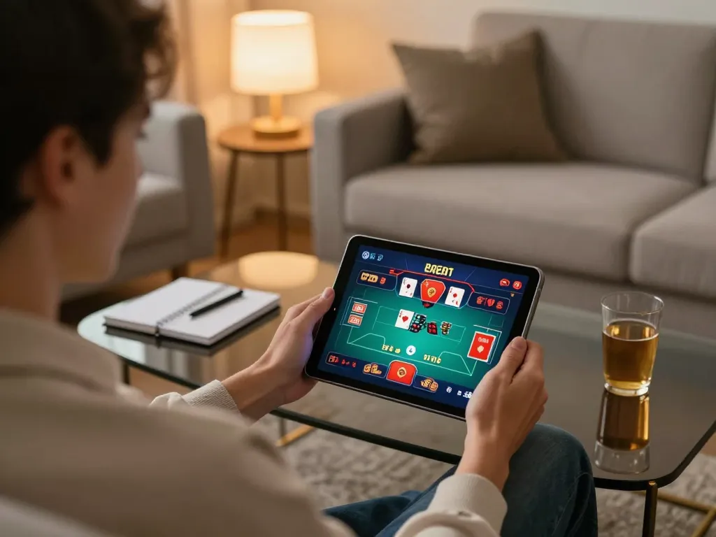 Kuwin player engaged in poker game on tablet, showcasing strategic online gambling atmosphere