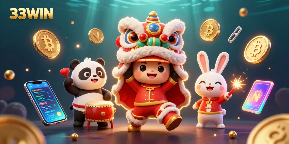 Join the excitement of 33WIN with a vibrant celebration of gaming symbols and characters.
