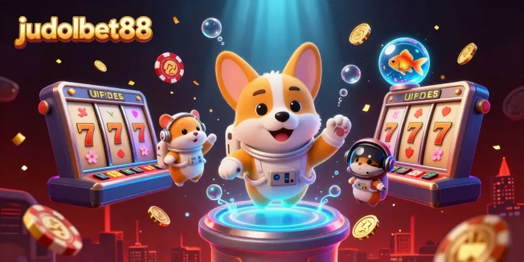 Experience the thrill of judolbet88 with 3D cartoon characters surrounded by floating slot reels and casino elements.