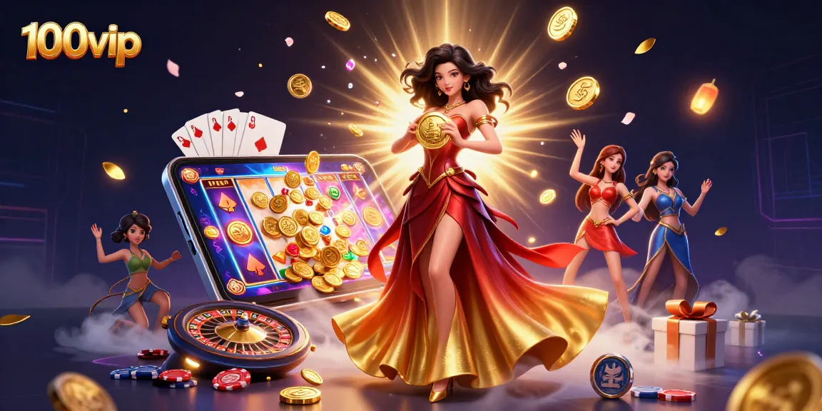 Experience thrilling wins at 100vip with a stunning illustration featuring a glamorous Asian woman amidst a cascade of coins and games.
