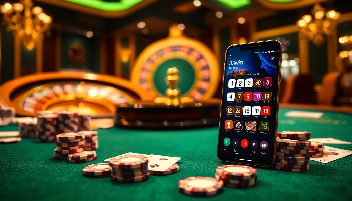 Exciting gaming scene at a casino table showcasing 33win poker chips and cards.