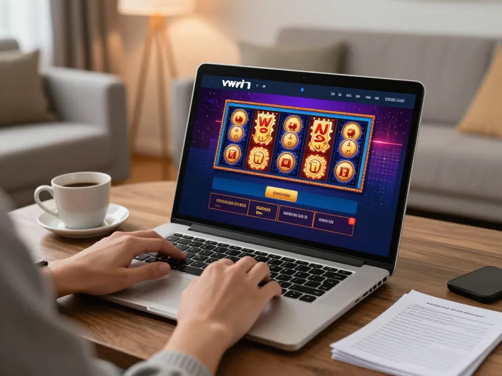 Engaging in online casino gaming at home with vvvwin on laptop screen, warm atmosphere and strategic planning.