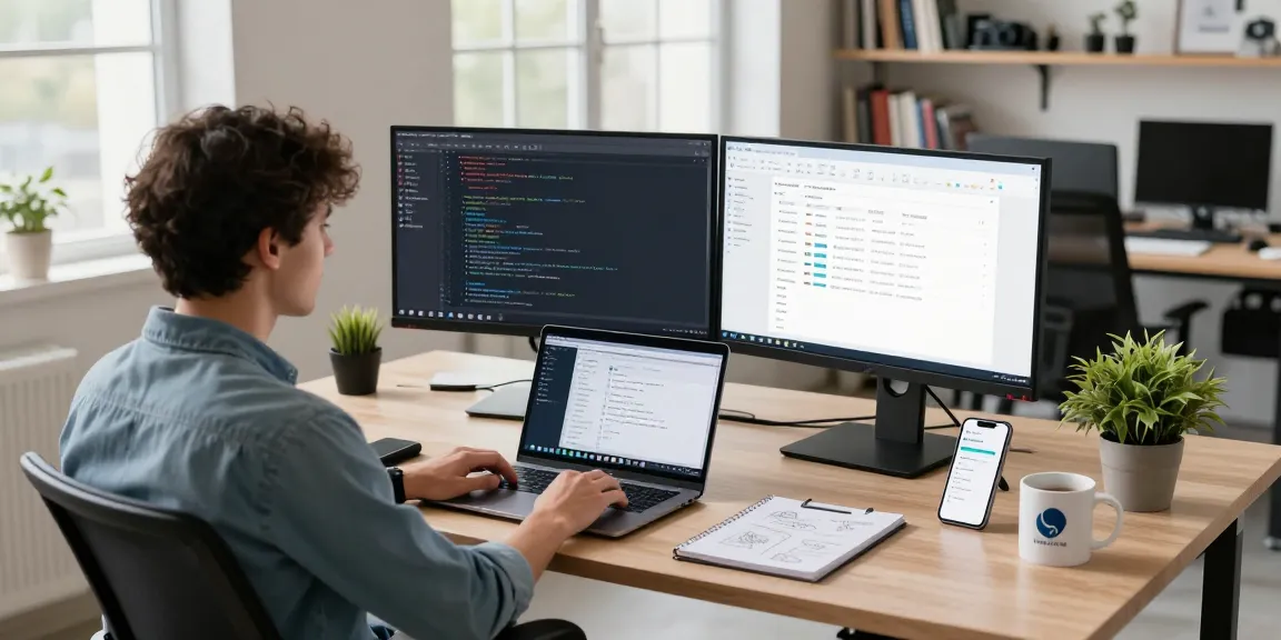 Moltbot development workspace with dual monitors showing code and project management tools in a bright office environment.