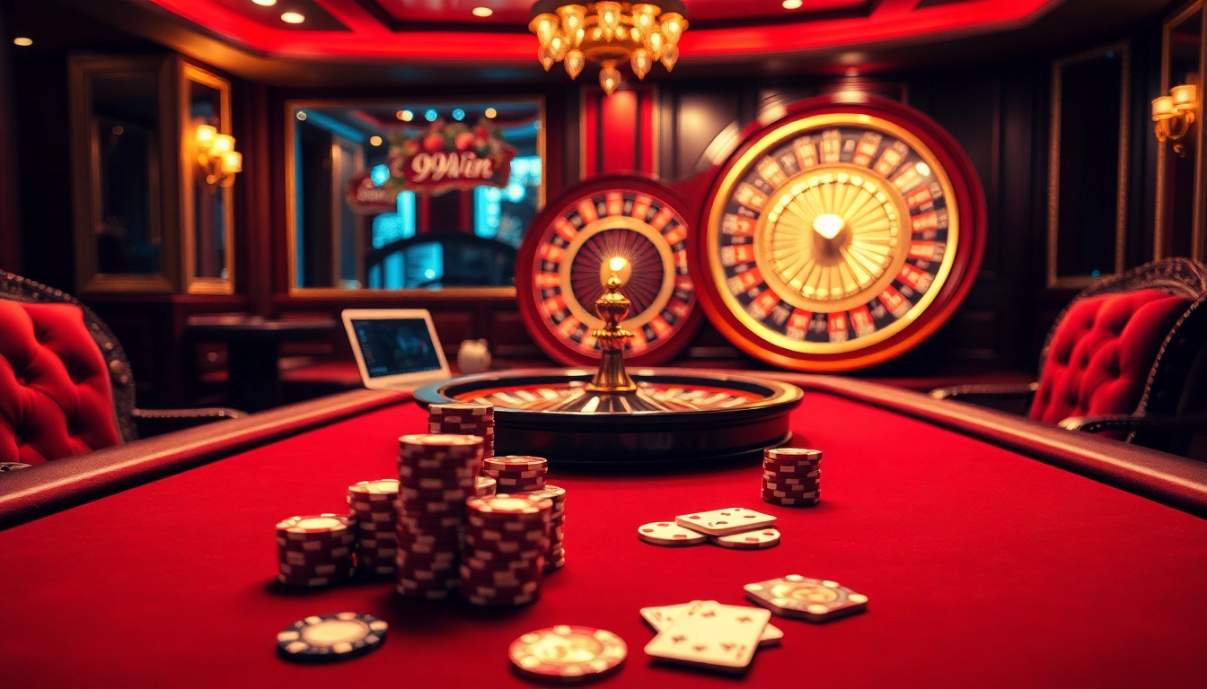 Thrilling gaming experience at 99WIN casino with poker table and roulette wheel.