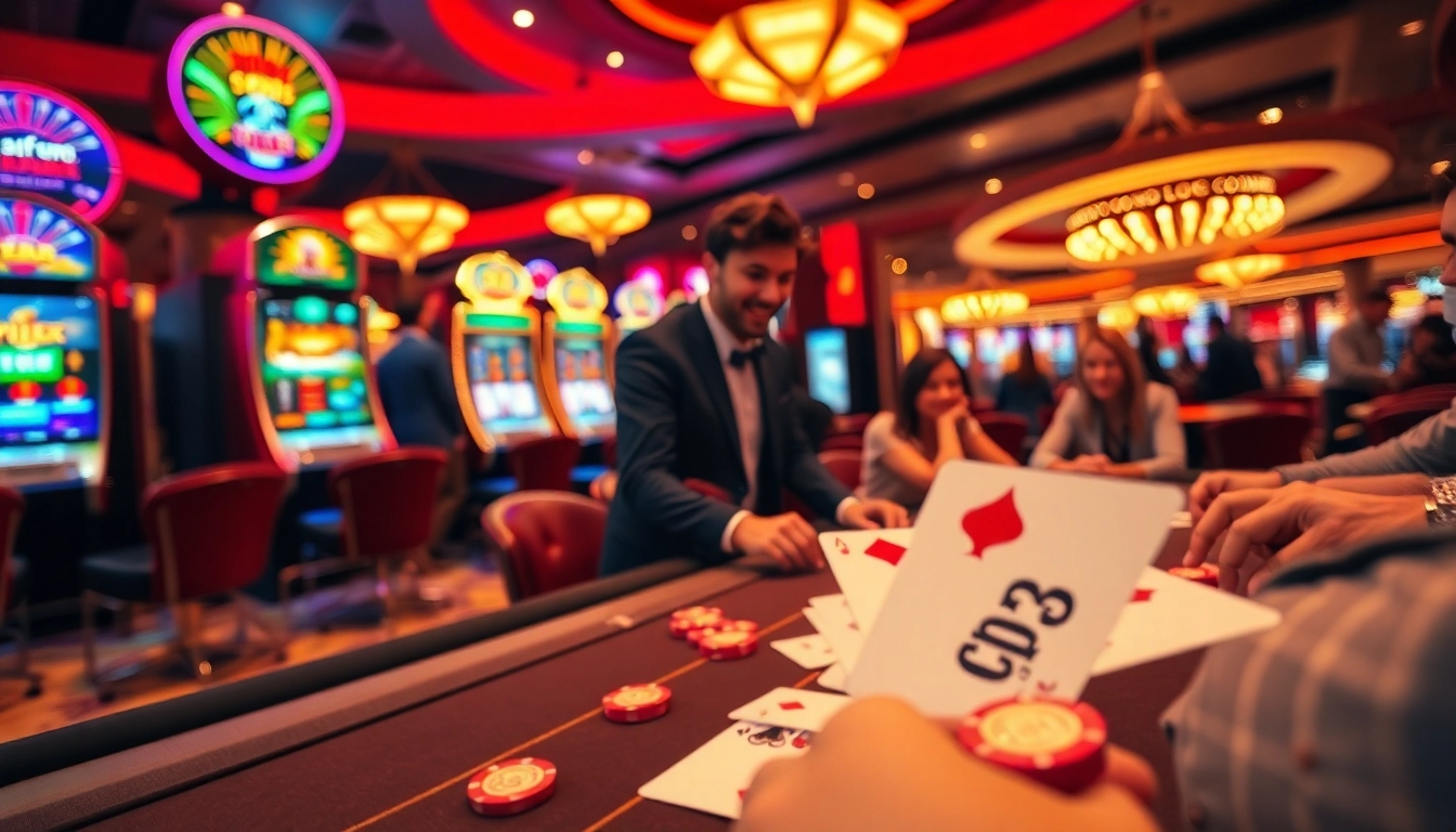 Casino spielen mit lebhaften Spielautomaten und Spielern am Tisch.