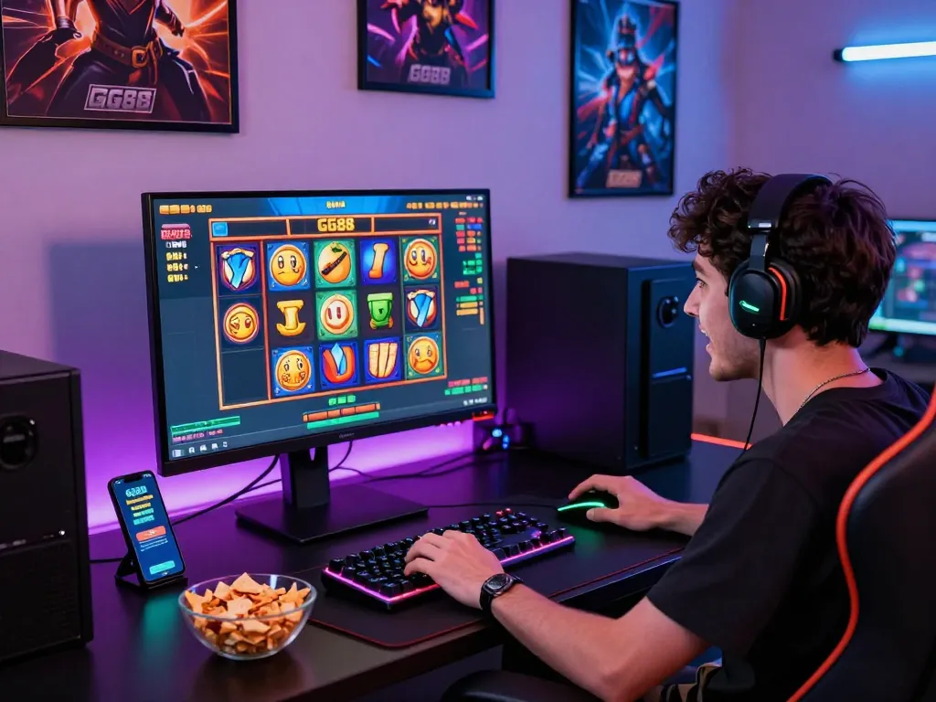 Player enjoying GG88 slot games in a vibrant gaming setup with colorful graphics and modern gaming gear